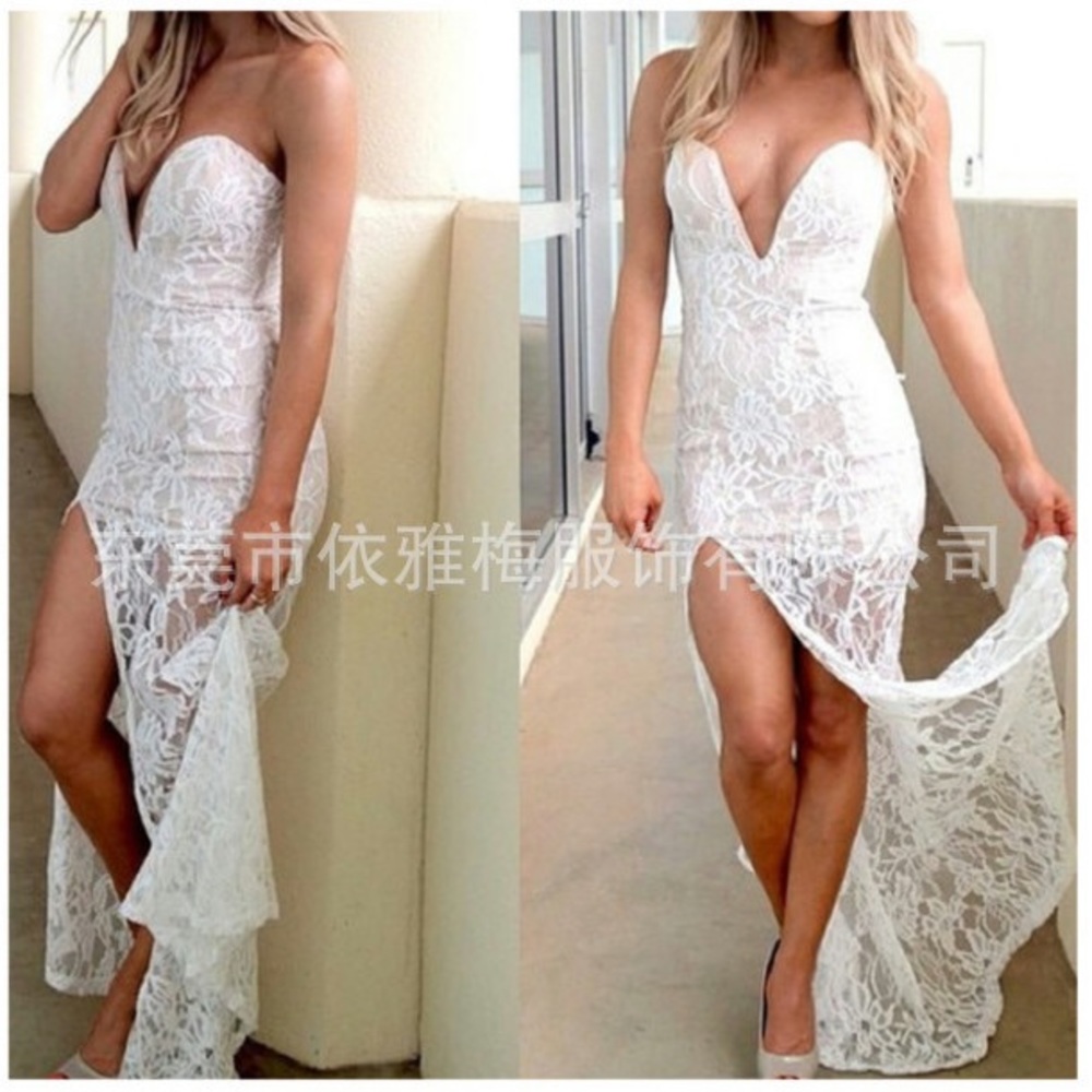 Peppermayo slim white lace slit strapless dress